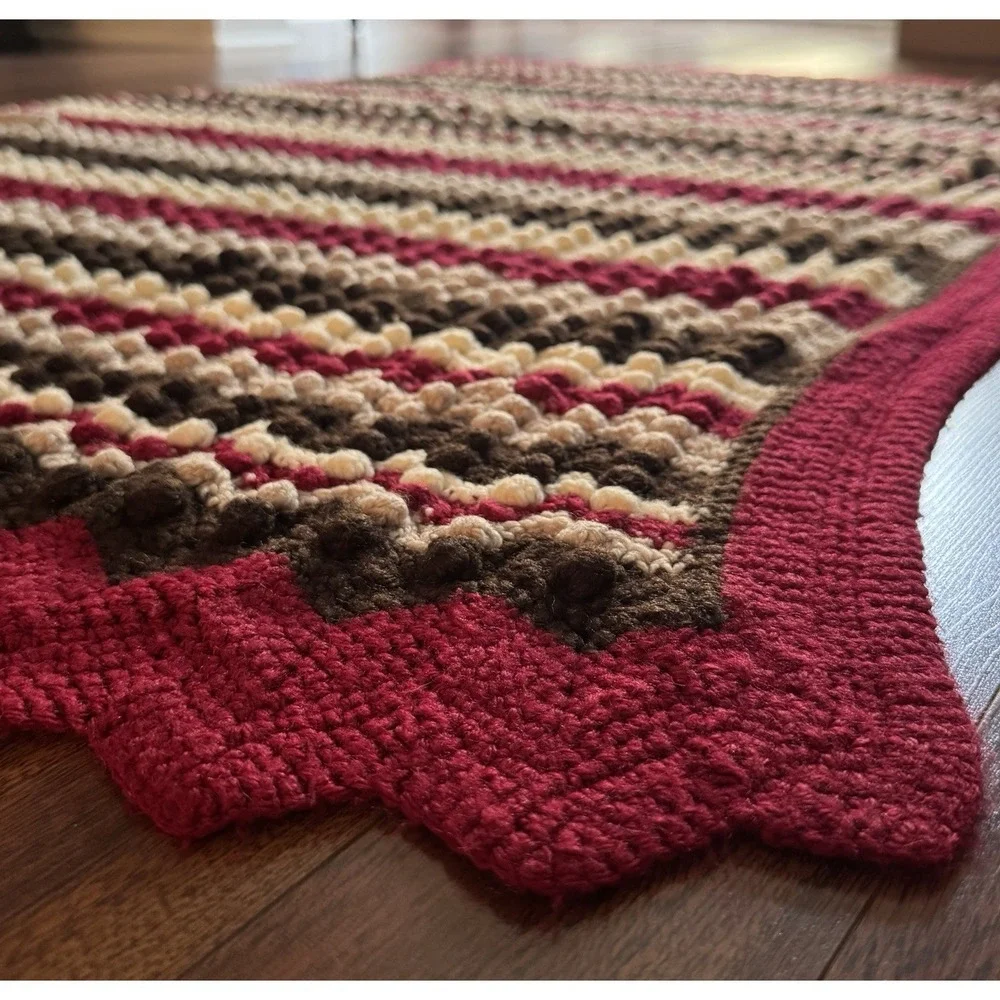 Vintage Handmade Crochet Afghan Chevron Ripple Throw Blanket 72x44 Burgundy